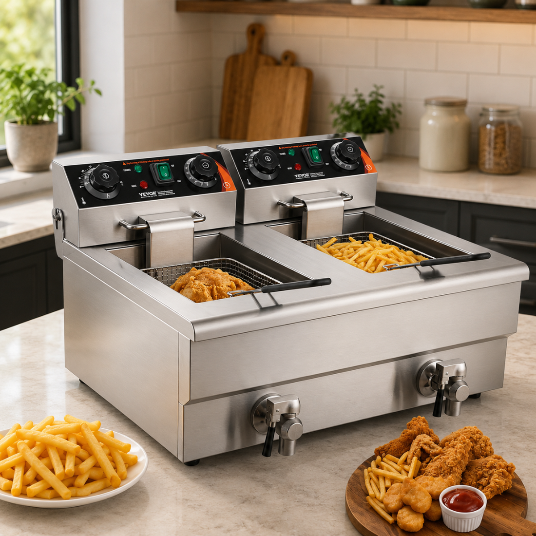 SucceBuy 12L elektrische Fritteuse mit zwei herausnehmbaren Behältern, kommerzielle Tischfritteuse für Hähnchen, Pommes Frites, Brat-Chips