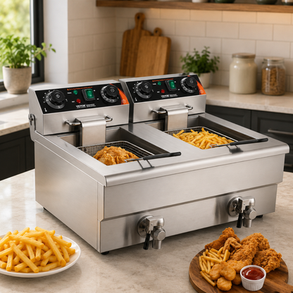 SucceBuy 12L elektrische Fritteuse mit zwei herausnehmbaren Behältern, kommerzielle Tischfritteuse für Hähnchen, Pommes Frites, Brat-Chips