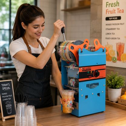 SucceBuy Manuelle Becherversiegelungsmaschine 300-500 Becher/h mit Heiztechnologie Boba Tee Becherversiegelungsmaschine für 90/95mm Becherdurchmesser