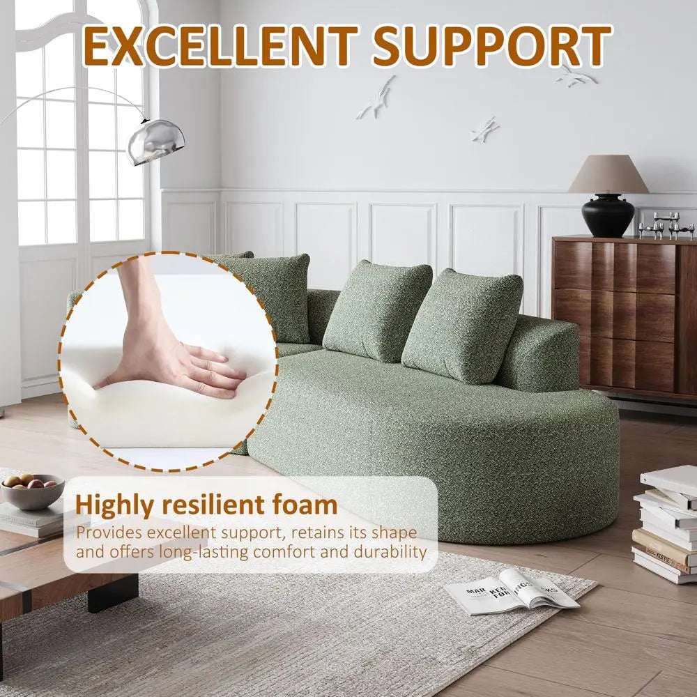 Chenille Sectional Sofa in sage green textured upholstery, with a curved chaise design and deep cushioned seats