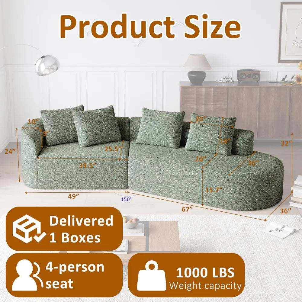 Chenille Sectional Sofa in textured sage green fabric, with a curved chaise, deep seats, four cushions, and size labels.