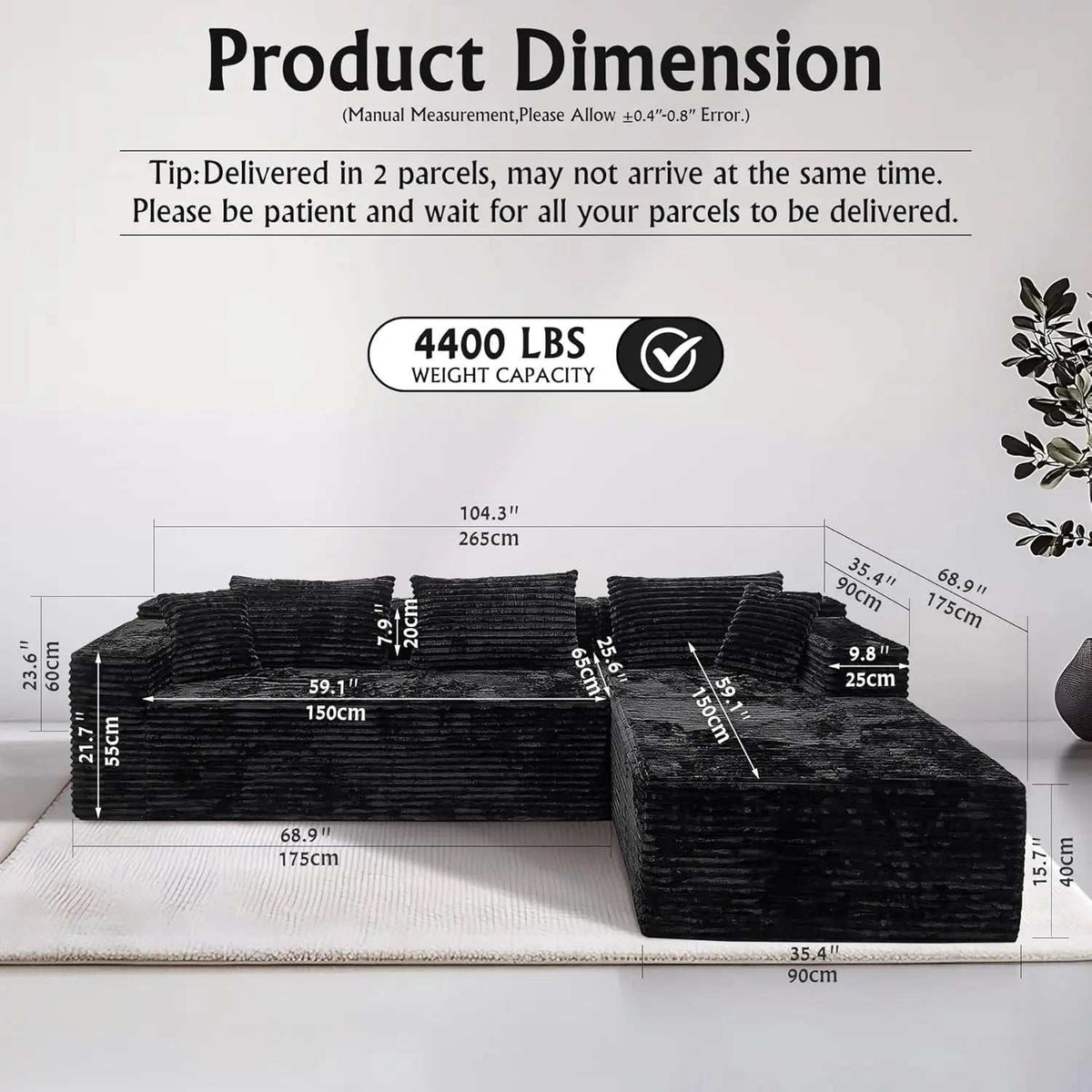 Cloud Black Corduroy sectional sofa in black ribbed fabric, with an L-shaped design, three back cushions, and a right-side chaise.