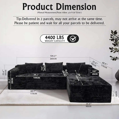 Cloud Black Corduroy sectional sofa in black ribbed fabric, with an L-shaped design, three back cushions, and a right-side chaise.