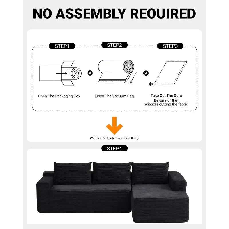 Corduroy L-Shaped Sectional in black fabric with three back cushions and a deep seat, shown fully unboxed
