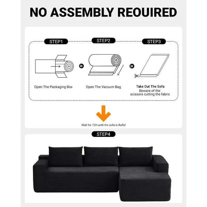 Corduroy L-Shaped Sectional in black fabric with three back cushions and a deep seat, shown fully unboxed
