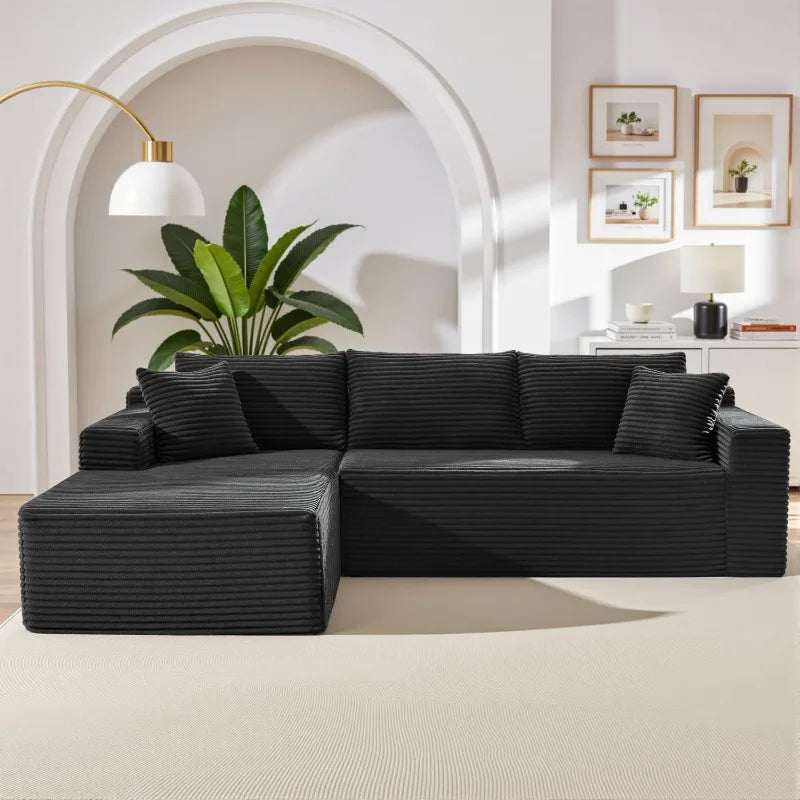Corduroy L-Shaped Sectional in black ribbed upholstery with a deep seat, chaise lounge, and wide cushioned back