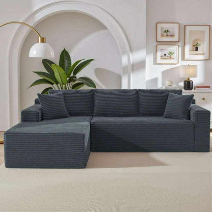 Corduroy L-Shaped Sectional in dark charcoal ribbed fabric with a deep seat, chaise, and matching cushions