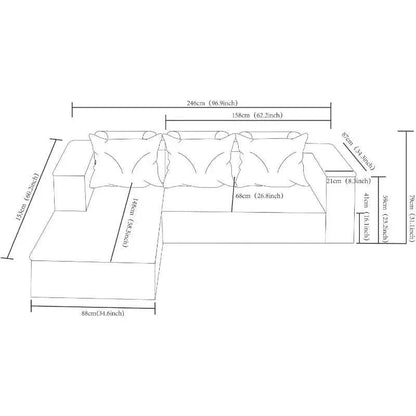 Corduroy L-Shaped Sectional shown as a line drawing with three back cushions, chaise seat and dimension labels