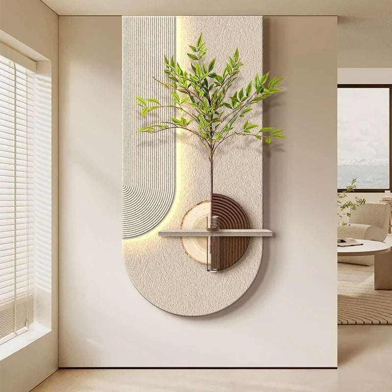 Entrance LED Wall Lamp with textured cream panel, curved ribbed details, slim shelf, and decorative green leafy branch.