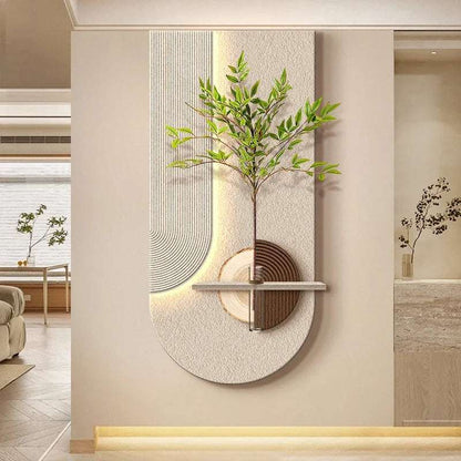 Entrance LED Wall Lamp with a textured cream semicircular wall panel, wood-toned accents, glowing light and green leafy branches.