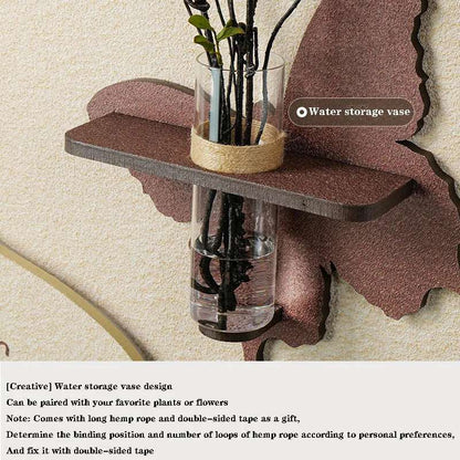 Water storage vase wall decor, with a clear glass vase, green stems, brown wood ledge and hemp rope detail; Entrance LED Wall Lamp