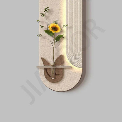 Entrance LED Wall Lamp with a cream textured wall panel, warm light strips, and a built-in shelf holding a sunflower vase.