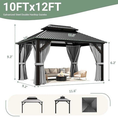 Gazebo Hardtop Aluminum Frame with a dark gray double galvanized steel roof, striped curtains, and sturdy metal posts.
