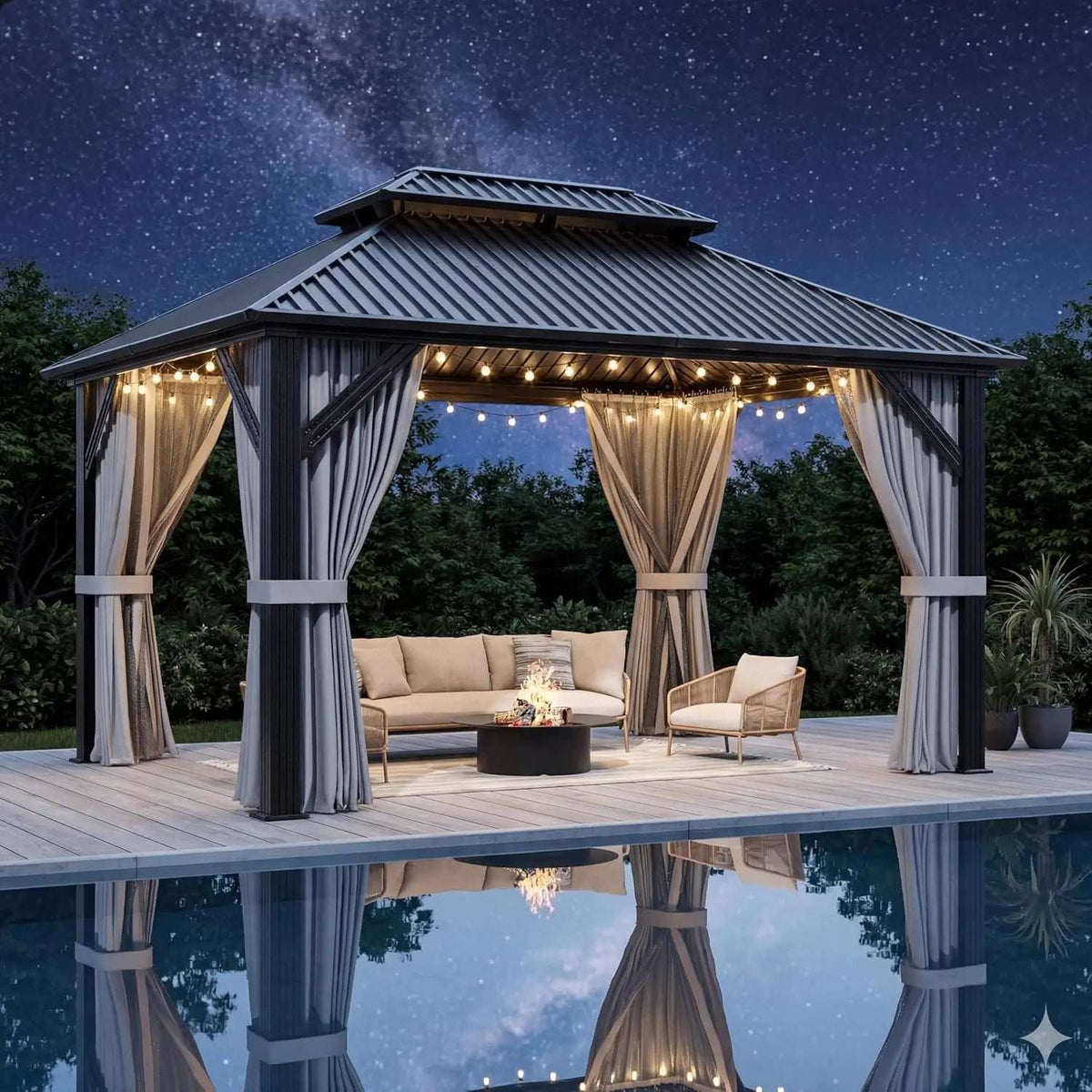 Gazebo Hardtop Aluminum Frame with a dark gray metal double-tier roof, draped curtains, and a sturdy rectangular frame.