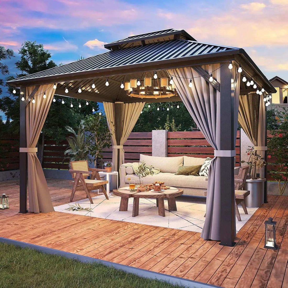 Gazebo Hardtop Aluminum Frame with a dark gray metal frame, ridged double-tier roof, curtains, and string lights