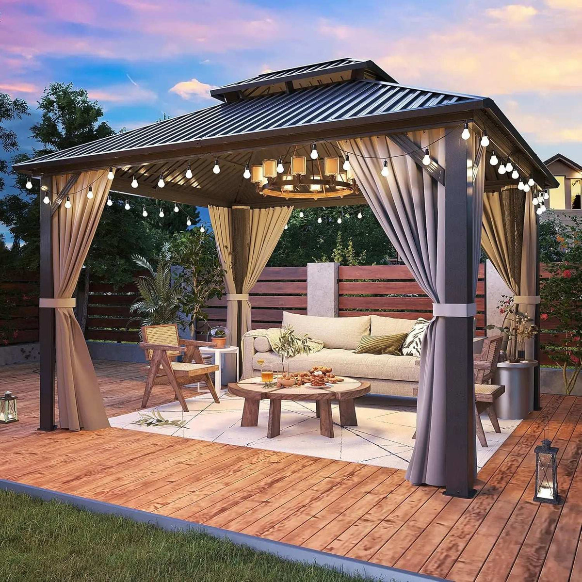 Gazebo Hardtop Aluminum Frame with a dark gray metal frame, ridged double-tier roof, curtains, and string lights