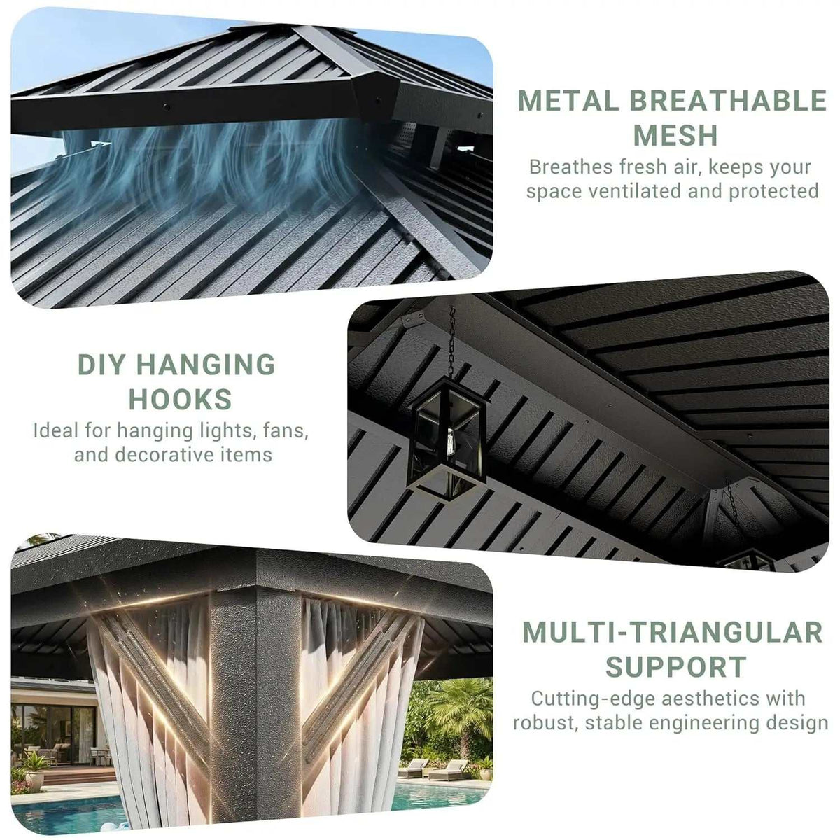 Gazebo Hardtop Aluminum Frame with a dark gray ridged metal roof, breathable mesh panels, hanging hooks and triangular supports