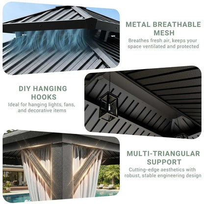 Gazebo Hardtop Aluminum Frame with a dark gray ridged metal roof, breathable mesh panels, hanging hooks and triangular supports