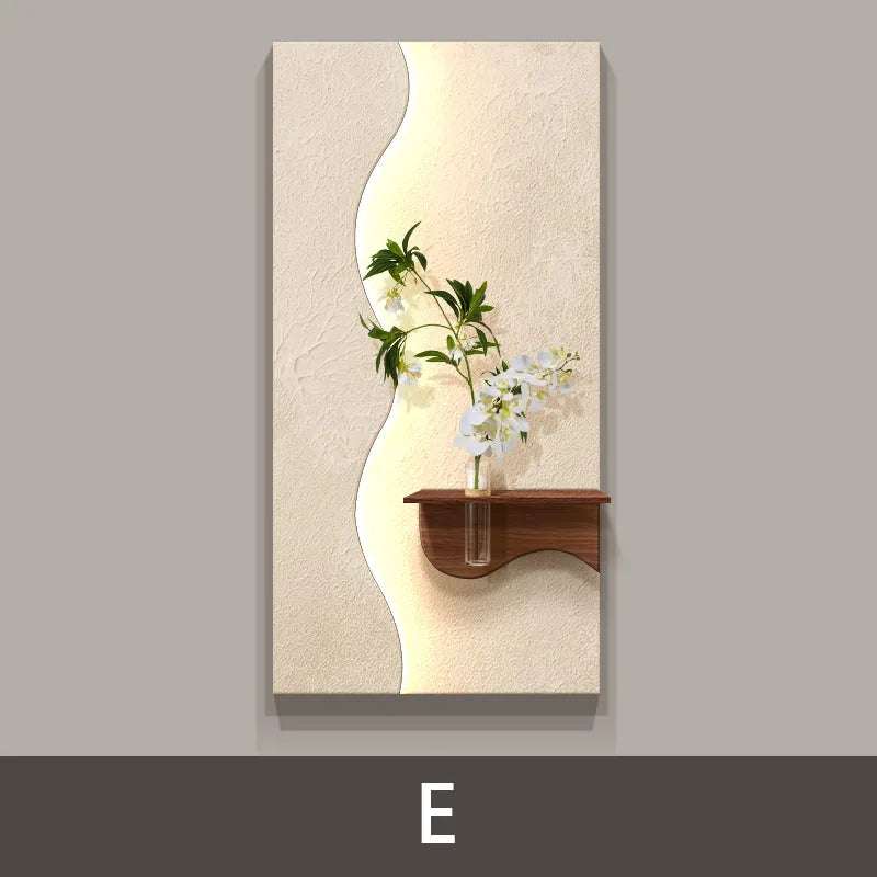 Green Plant LED Wall Lamp with a wooden shelf, clear glass vase, and green leaves with delicate white flowers.