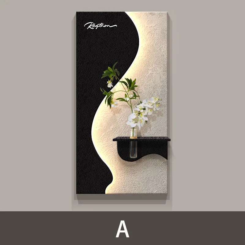 Green Plant LED Wall Lamp with a black curved wall panel, textured cream finish, green foliage and white flowers.