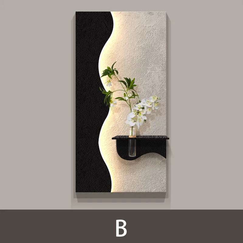 Green Plant LED Wall Lamp with a black and cream wavy panel, leafy green stems, white flowers, and a small shelf.
