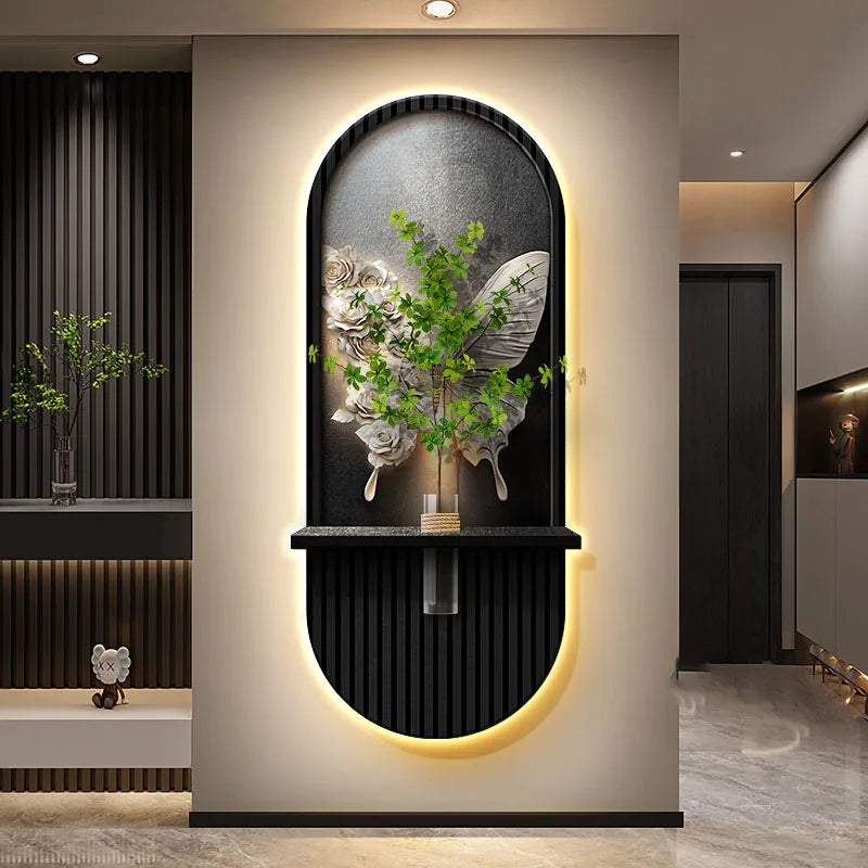 Green Plant Wall Lamp in black metal with an arched frame, ribbed lower panel, and floral botanical reliefs
