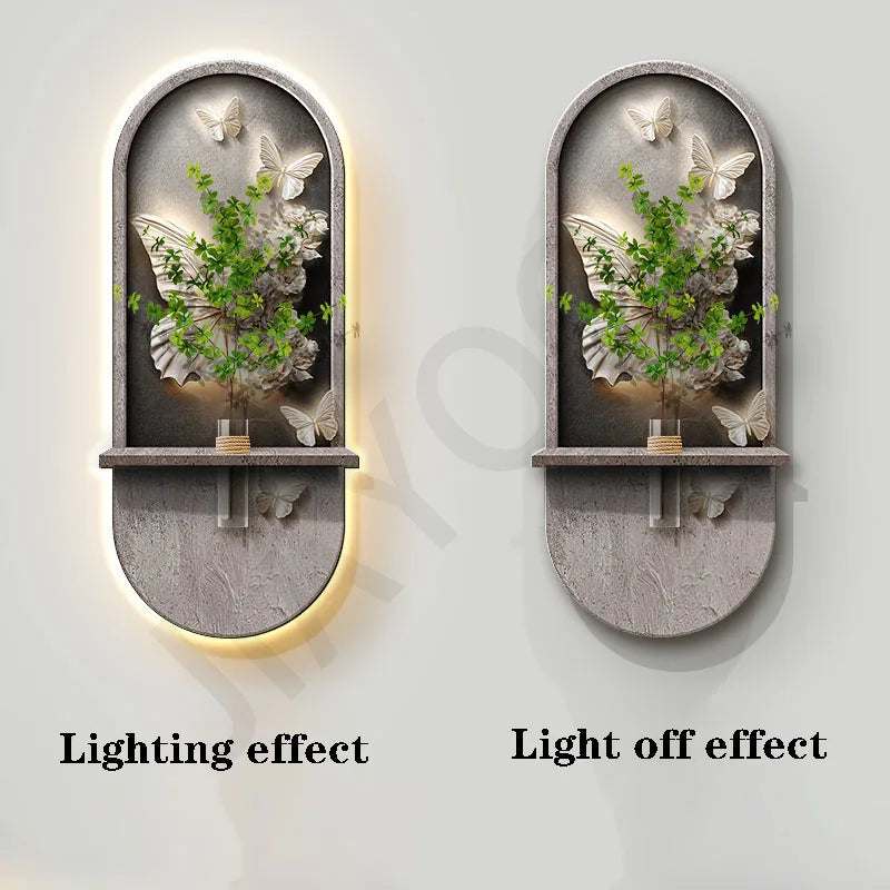 Green Plant Wall Lamp with a gray stone-look arched panel, raised green foliage, butterfly accents, and a slim shelf