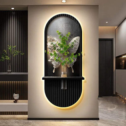 Green Plant Wall Lamp with a tall black ribbed frame, glowing warm edge, and sculpted white flowers with green leaves