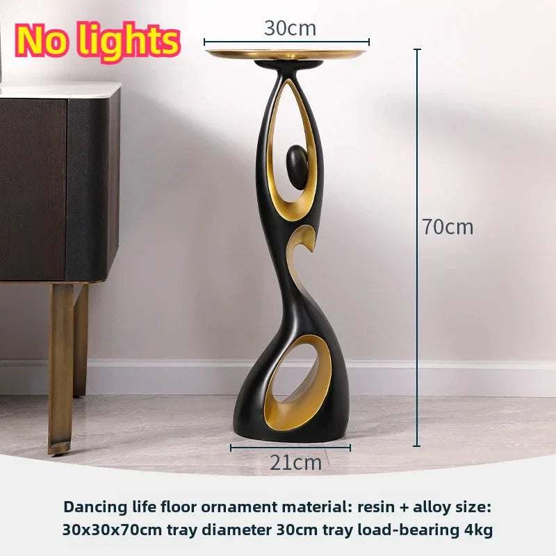 Home Decoration Resin Sculpture, black resin floor ornament with gold oval inlays and an open abstract design, no lights included.