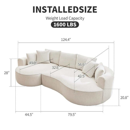 L Shaped Sectional Sofa in light beige textured upholstery, with a curved boneless form and matching cushions