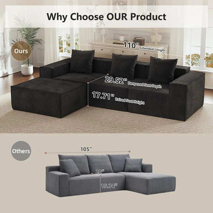 L Shaped Sectional Sofa in black corduroy with a chaise, broad arms, deep seats and three back cushions