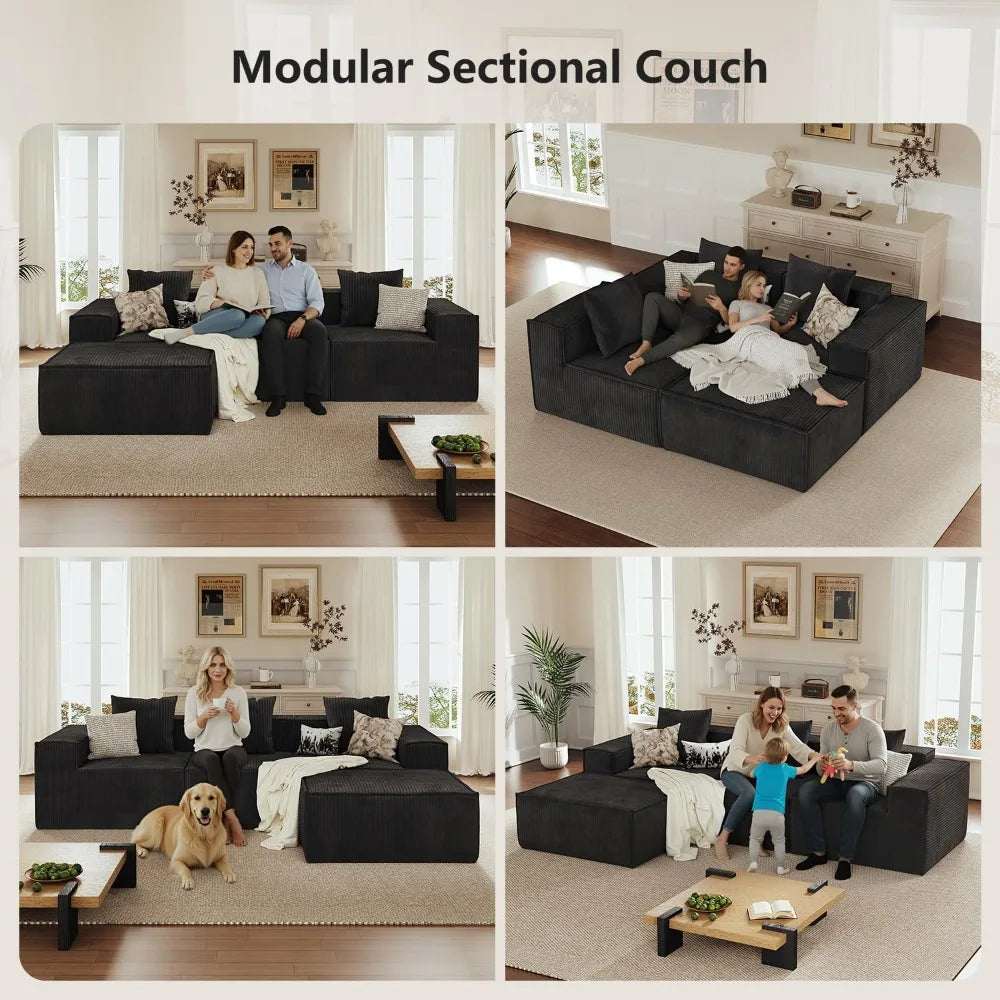 L Shaped Sectional Sofa in dark grey fabric with modular sections, loose cushions and a low, blocky profile