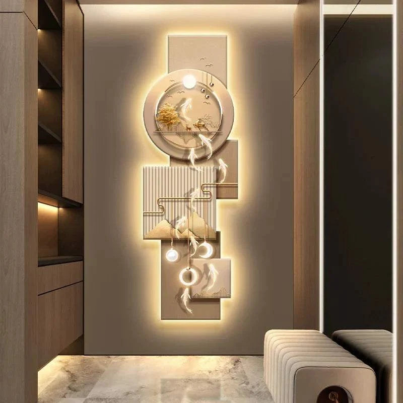 Origin Entrance LED Wall Light with a sculptural abstract design, warm white illumination, and layered geometric panels with a circular accent.
