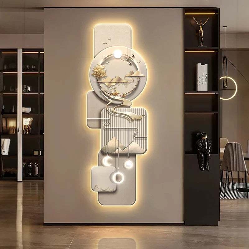 Origin Entrance LED Wall Light in white and gold-toned sculptural abstract design, with layered panels and warm LED edging.