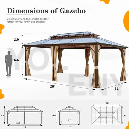 Outdoor Gazebo With Double Roof, 20 x 12 ft rectangular structure with a dark metal roof, tan curtains, and netting