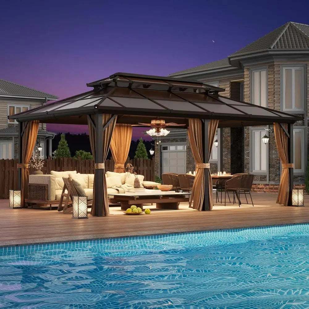 Outdoor Gazebo With Double Roof, dark metal frame, brown fabric curtains, and a raised vented roof with open sides.