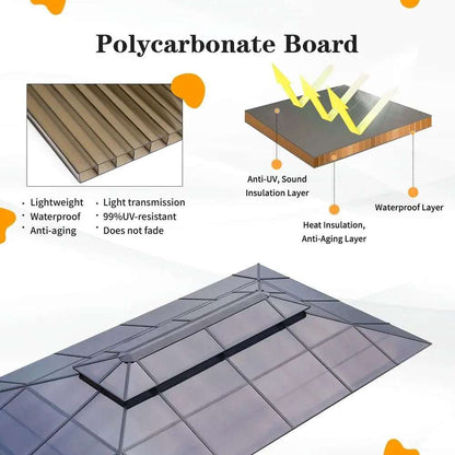 Polycarbonate board roofing panels with a translucent gray finish and interlocking double-roof design for the Outdoor Gazebo With Double Roof