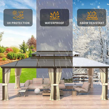 Outdoor Gazebo With Double Roof, black rectangular metal frame with beige curtains and dark gray canopy, shown in all-weather design.
