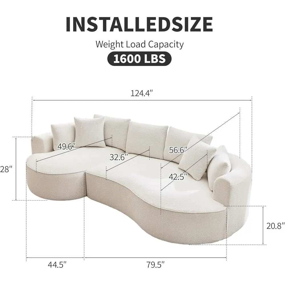 Oversized Chenille White curved sectional sofa with pale chenille upholstery, deep seats, and several back pillows