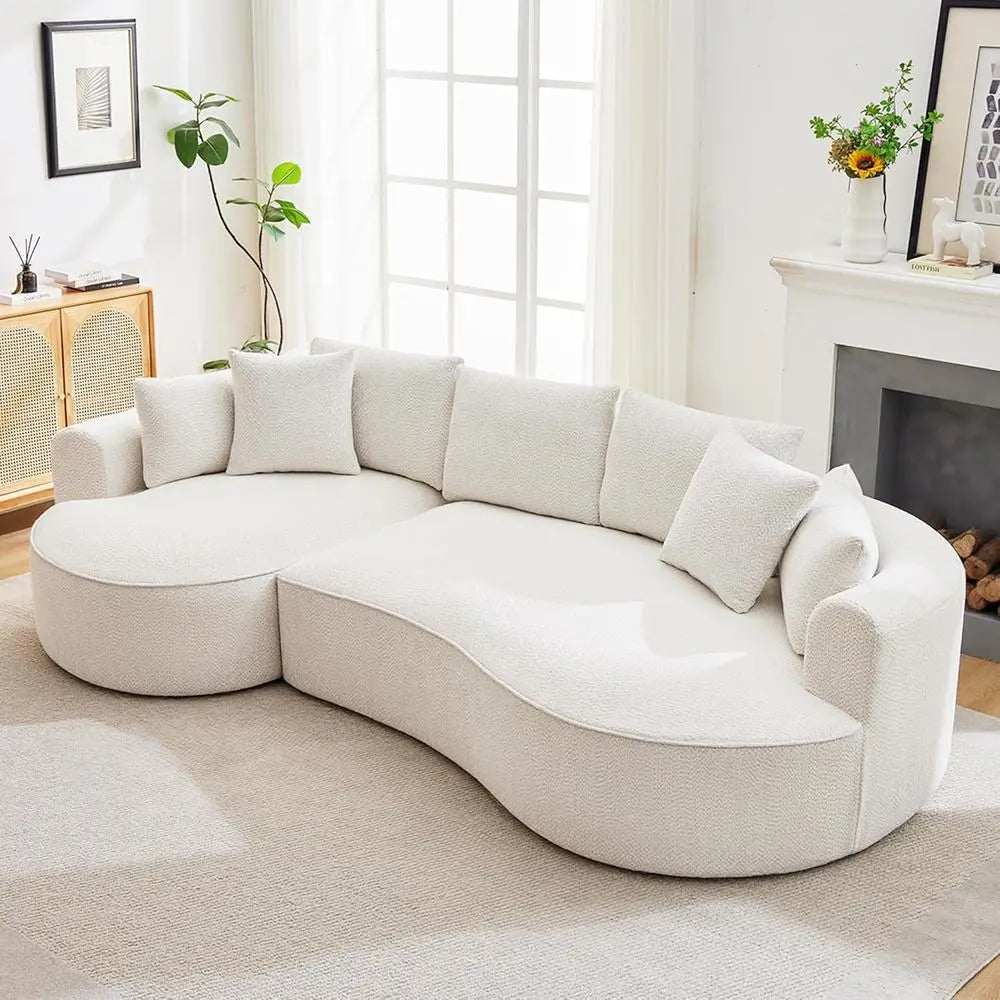 Oversized Chenille White curved sectional sofa with textured upholstery, rounded ends, deep seats, and five cushions