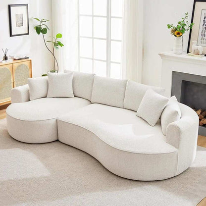 Oversized Chenille White curved sectional sofa with textured upholstery, rounded ends, deep seats, and five cushions