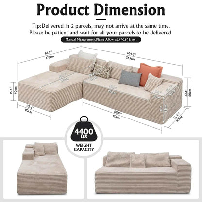 Oversized Deep Seat L-shaped modular sofa in beige corduroy, with ribbed upholstery, chaise section and loose cushions.