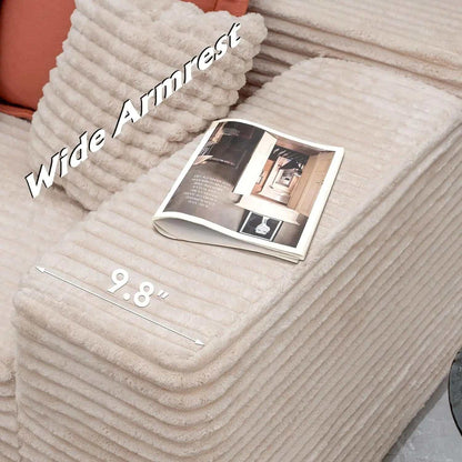 Oversized Deep Seat sofa close-up showing cream corduroy upholstery, wide ribbed texture and a 9.8-inch armrest