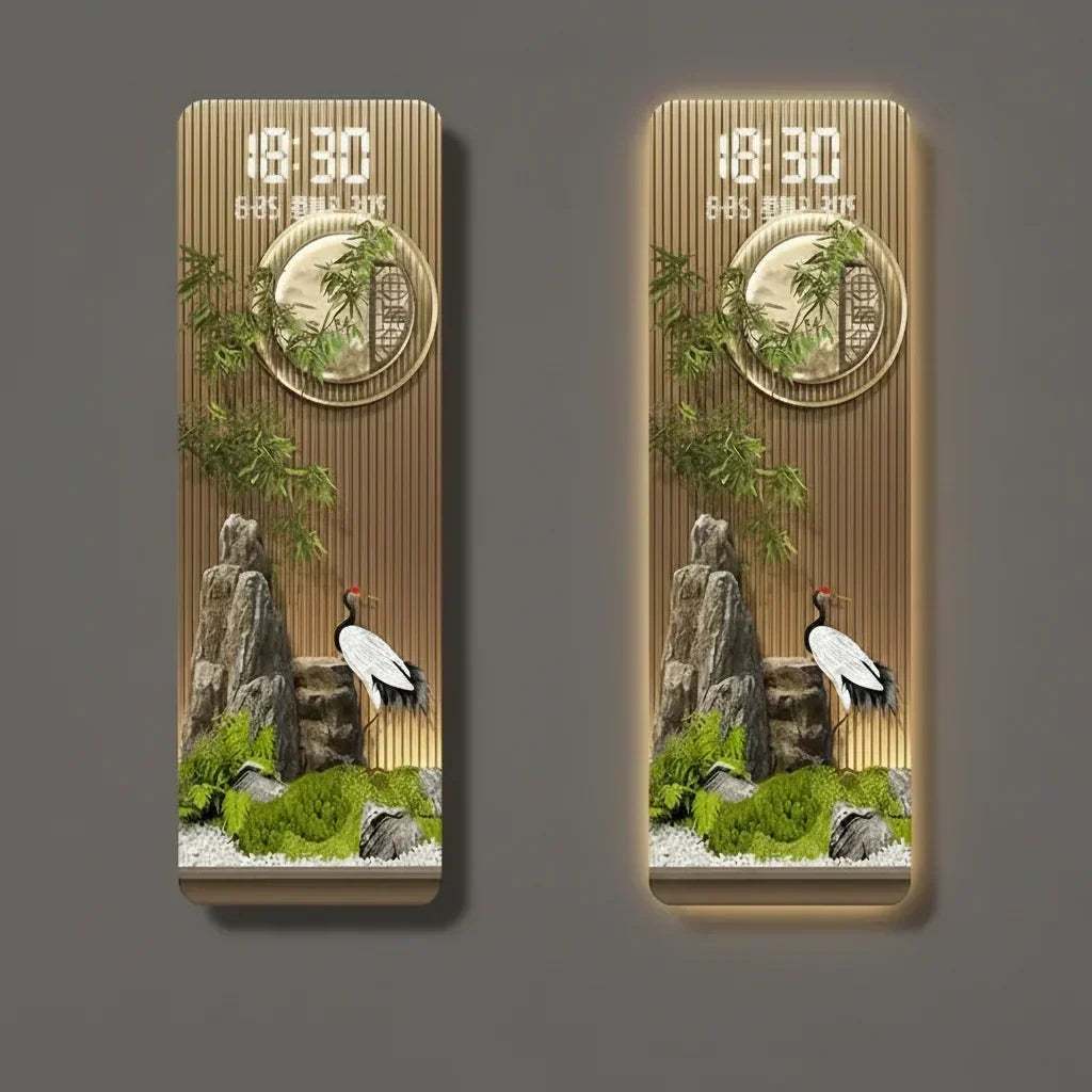 Perpetual Calendar Pendant Clock with a gold-toned wood panel, digital display, round dial, and dragon tree landscape relief.