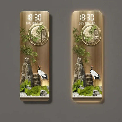 Perpetual Calendar Pendant Clock with a gold-toned wood panel, digital display, round dial, and dragon tree landscape relief.