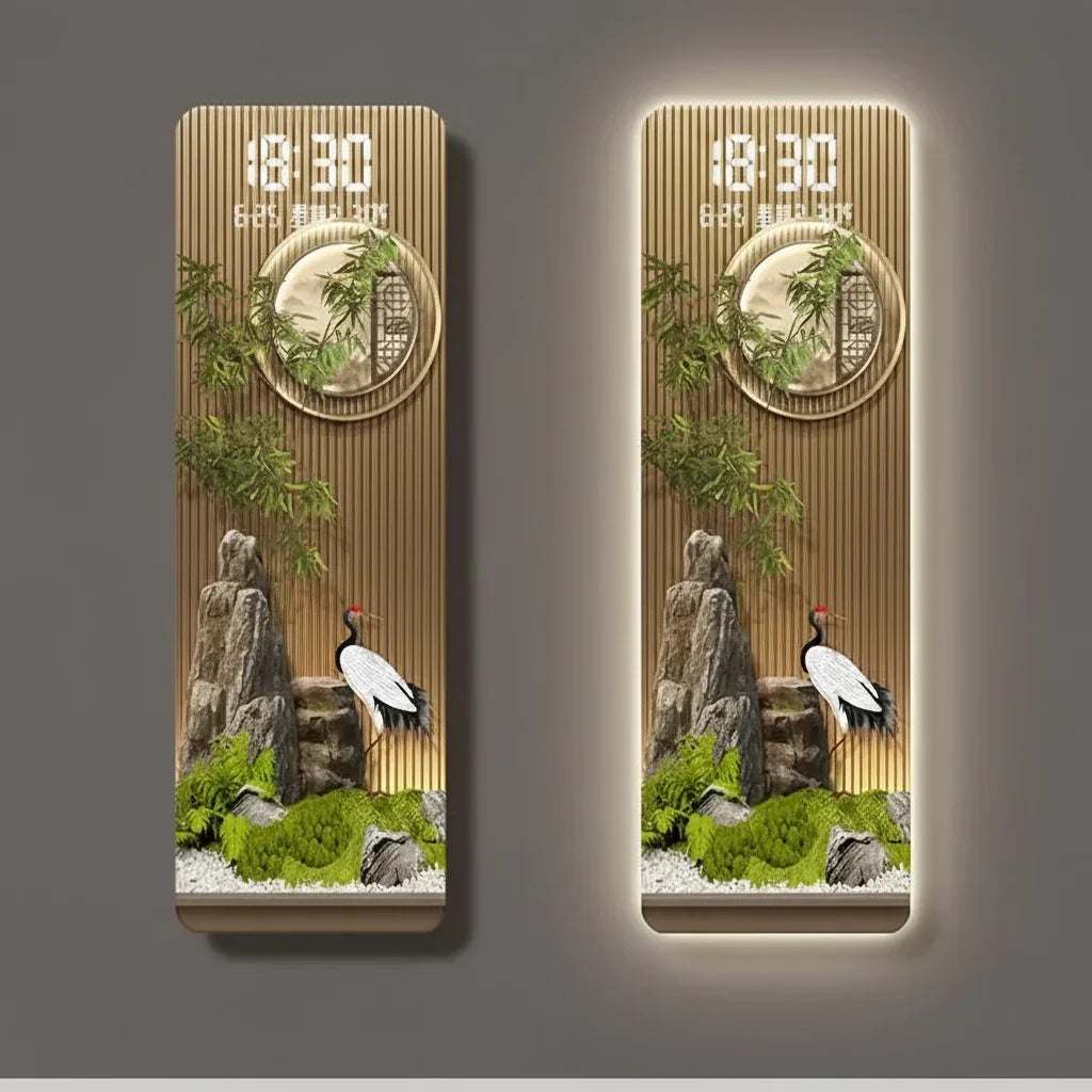 Perpetual Calendar Pendant Clock, gold-toned wooden panel with an illuminated digital display, round clock and nature scene detailing.
