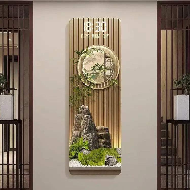Perpetual Calendar Pendant Clock with a gold-toned wood panel, vertical grooves, digital display, circular clock, and landscape motif