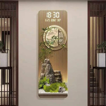 Perpetual Calendar Pendant Clock with a gold-toned wood panel, vertical grooves, digital display, circular clock, and landscape motif