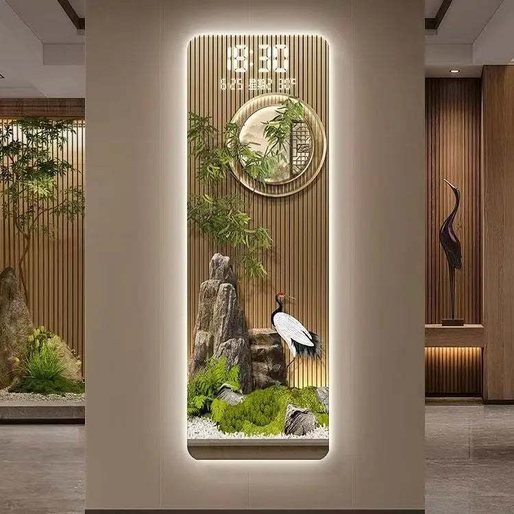 Perpetual Calendar Pendant Clock wall light with a gold-toned wood slat panel, round clock, digital display and crane motif.