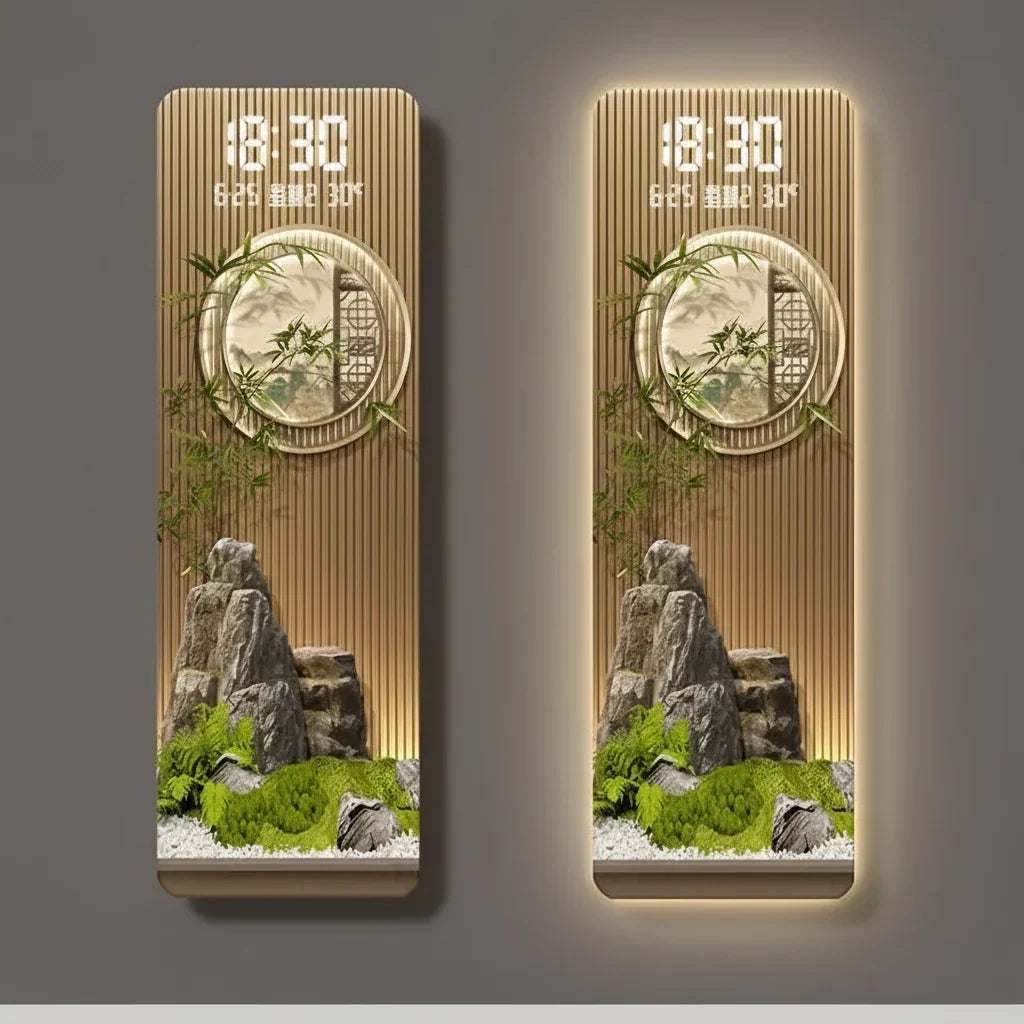 Perpetual Calendar Pendant Clock wall light with a gold-toned ribbed panel, digital display, circular dial and landscape motif.